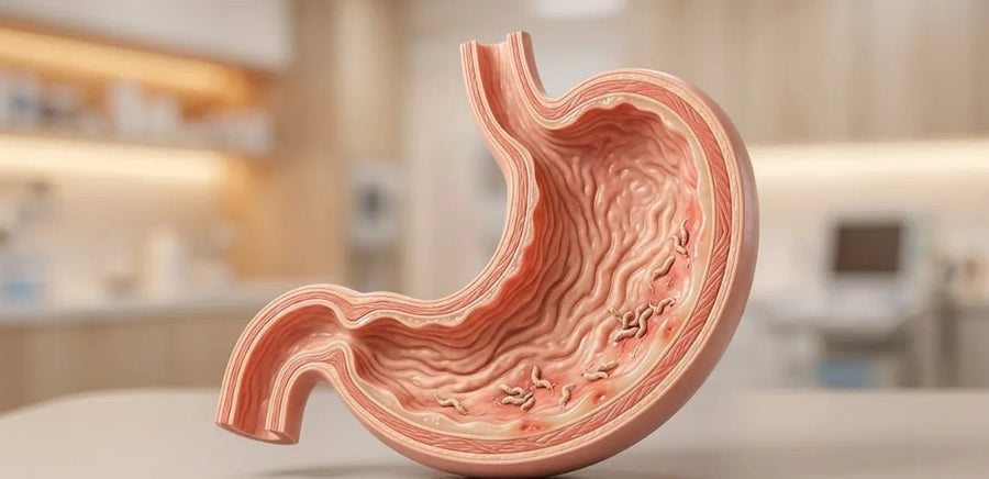 Helicobacter pylori v želodcu, ponazoritev bakterije in želodčne sluznice