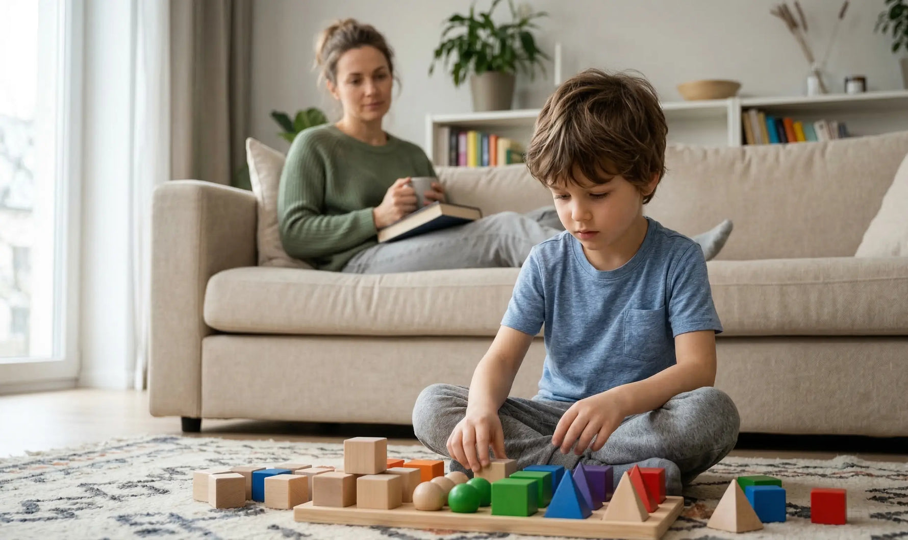 Otrok z avtizmom mirno razvršča lesene oblike v domačem okolju