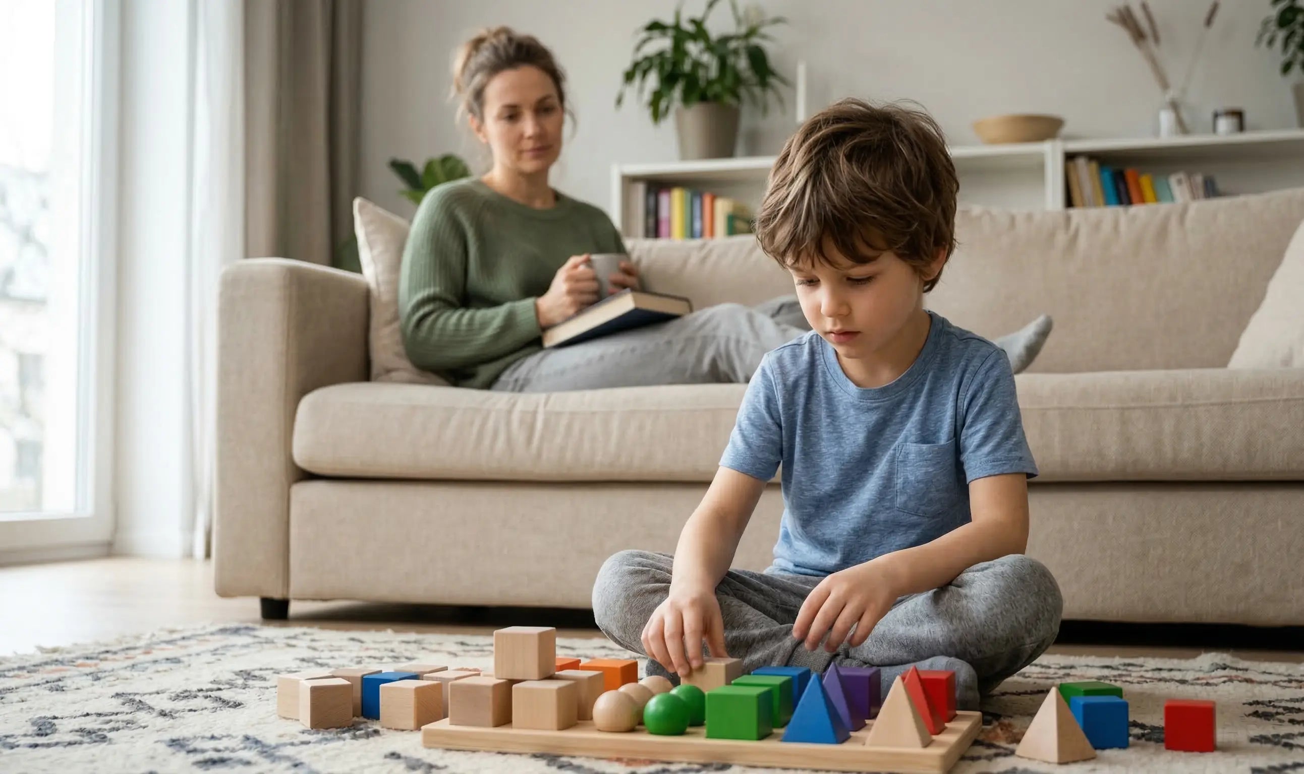 Otrok z avtizmom mirno razvršča lesene oblike v domačem okolju