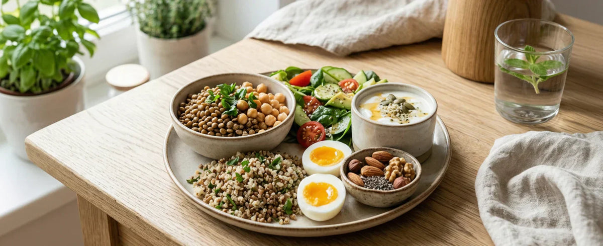 proteini v hrani na krožniku jedi z visoko vsebnostjo proteinov