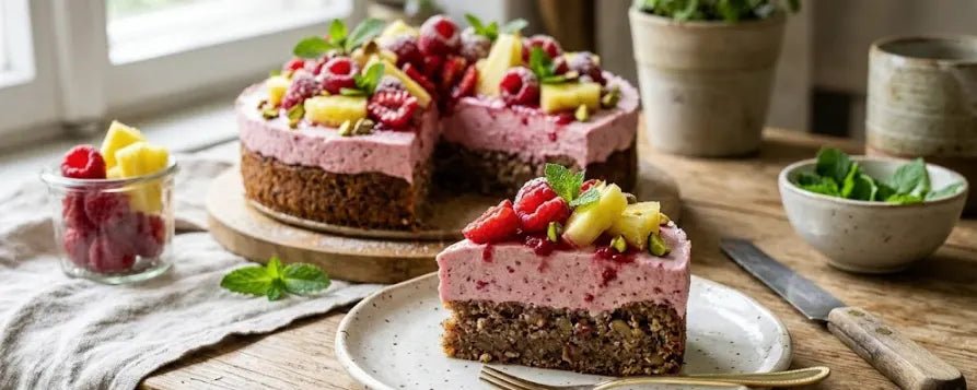 Sadna torta brez moke z malinovo kremo in ananasom