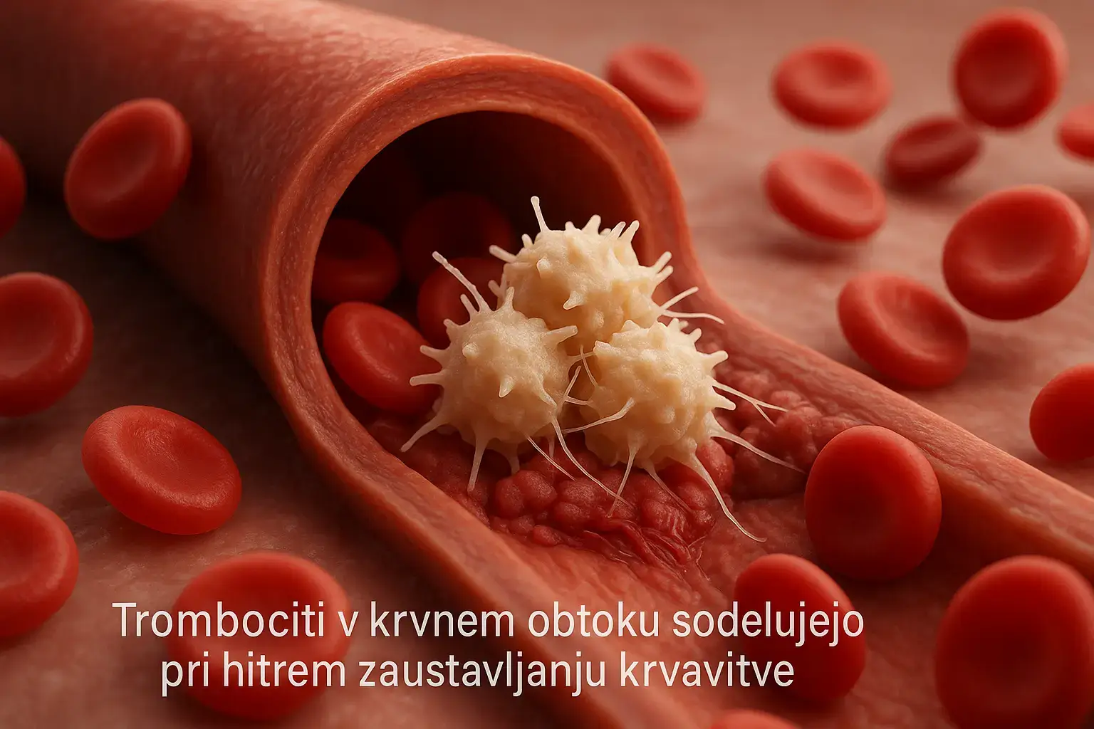 Trombociti v krvnem obtoku sodelujejo pri hitrem zaustavljanju krvavitve.